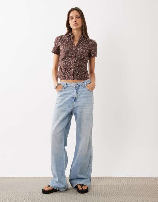 Cotton On Maya ruched shirt in bonnie pinstripe dark oak, 3 of 4