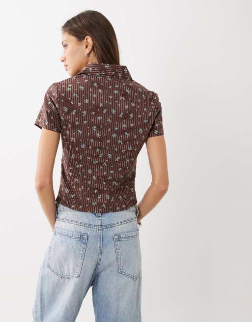 Cotton On Maya ruched shirt in bonnie pinstripe dark oak, 4 of 4