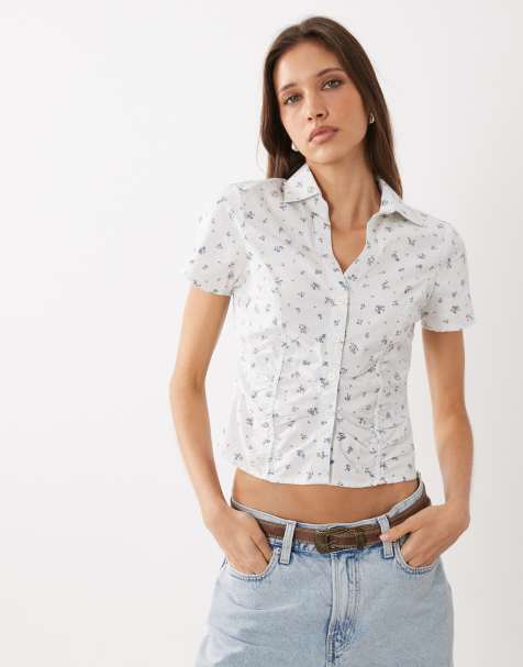 Cotton On Maya ruched shirt in indy floral pinstriped cosmic star - view 1