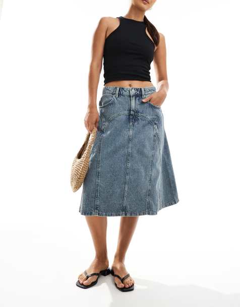 Cotton On – Midi-Jeansrock in ungewöhnlicher Länge in Crush-Blau mit Ziernaht - view 1