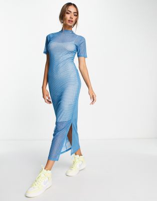 Cotton On - Midikleid aus Netzstoff in Blau mit Punktemuster