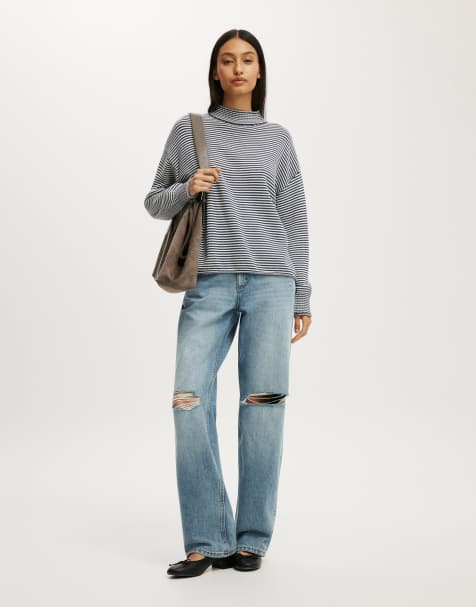 Cotton On Mila mock neck sweater in shadow navy porcelain stripe - view 1