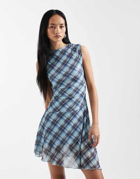 Cotton On mini mesh asymmetric hem dress in blue check - view 1