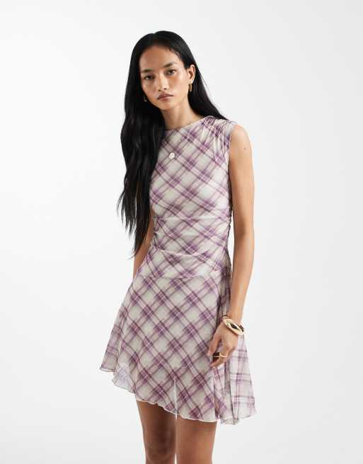 Cotton On mini mesh asymmetric hem dress in purple check, 2 of 4