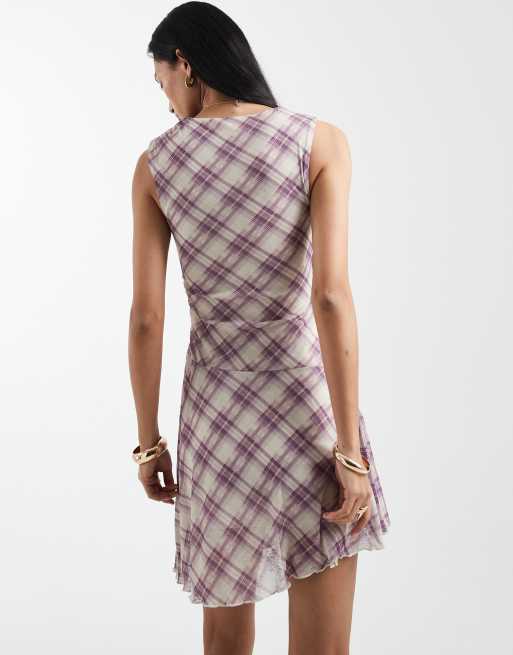 Cotton On mini mesh asymmetric hem dress in purple check, 4 of 4