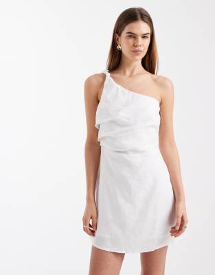 Minikleid aus Leinen in Weiß mit One-Shoulder-Träger Weiß 14