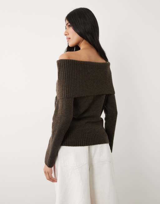 Cotton On – Mörkbrun, fluffig, flätstickad tröja med bara axlar och argylemönster, 4 av 4