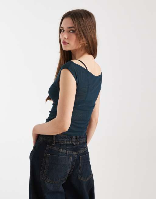 Cotton On – Mörkgrön off shoulder-topp i mesh med markerad midja, 3 av 4