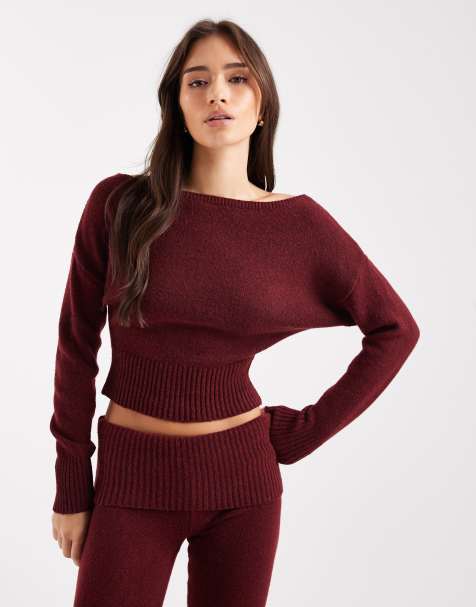 Cotton On - Mørk æblerød cropped lounge-striktrøje i offshoulder-stil - view 1