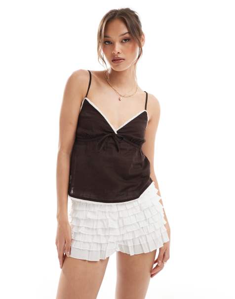 Cotton On - Mørk egebrun cami-top med blonder i bomuld - view 1