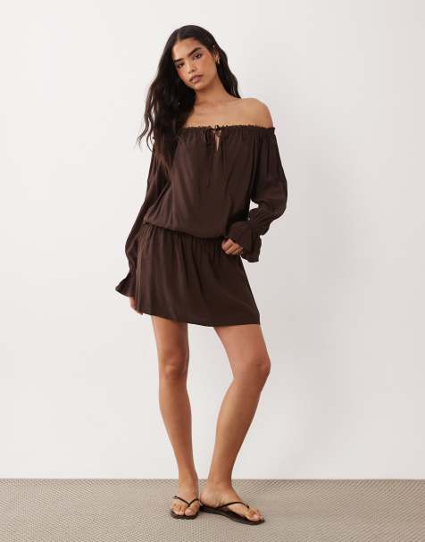 Cotton On - Mørk egebrun offshoulder-minikjole med flæser i boho-stil - view 1