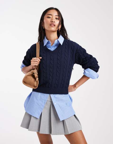 Cotton On - Mørk indigoblå cropped pullover med V-hals i kabelstrikket bomuld - view 1