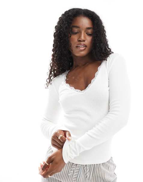 Cotton On – Naturvit, långärmad pyjamastopp med våffeltextur och spetskant - view 1