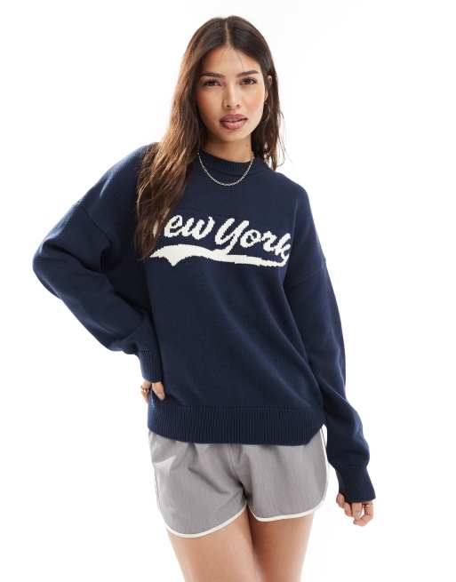 Cotton On New York graphic crew neck jumper in navy ASOS