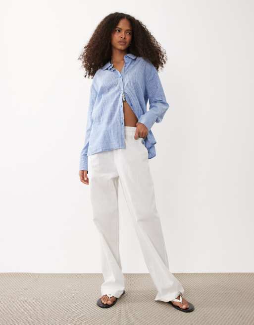 Cotton On – Niebieska koszula oversize typu dad z mieszanki lnu w paski, 2 z 4
