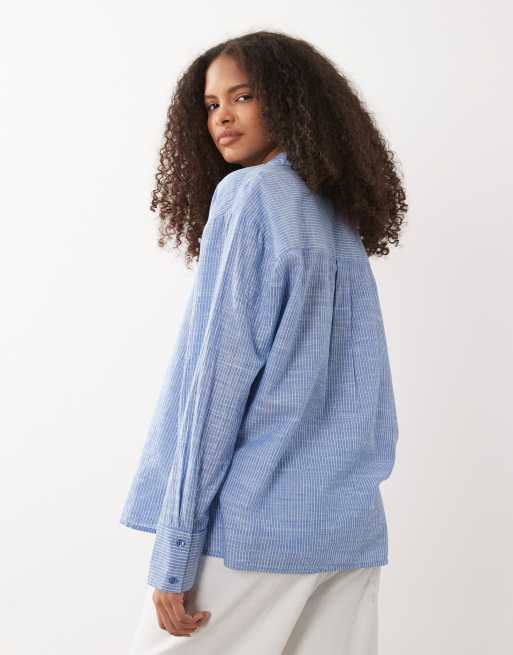 Cotton On – Niebieska koszula oversize typu dad z mieszanki lnu w paski, 4 z 4