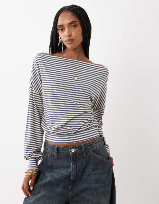 Cotton On nova off shoulder long sleeve in navy stripe, 3 of 4