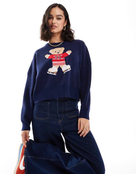 Cotton On novelty knitted jumper with ski bear graphic in navy - view 1