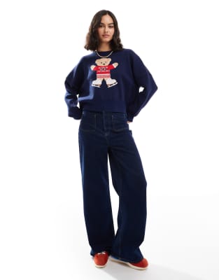 Cotton:on Cotton On Novelty Knitted Sweater With Ski Bear Graphic In Navy