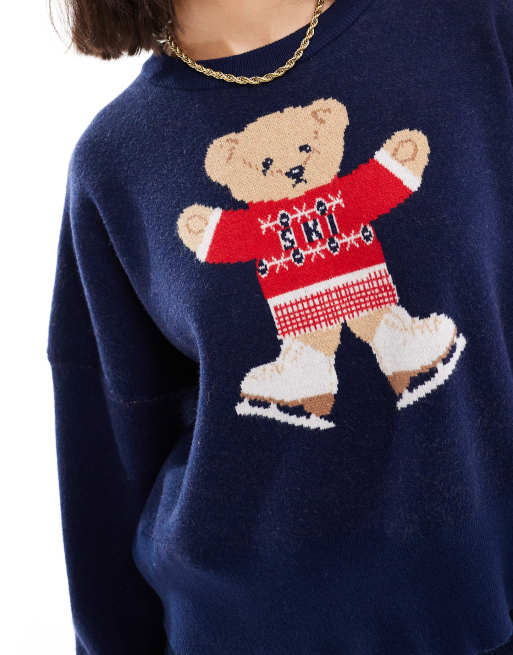 Cotton On novelty knitted sweater with ski bear graphic in navy