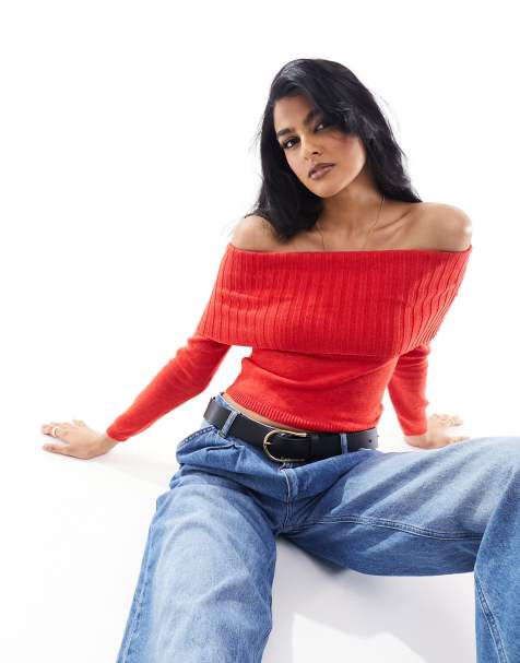 Cotton On off shoulder fine knit crop jumper in red  - view 1