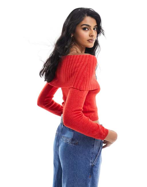 Cotton On off shoulder fine knit crop jumper in red