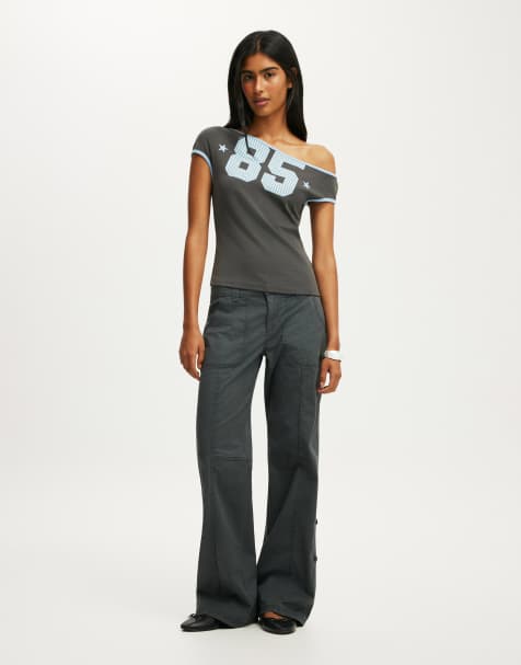 Cotton On Off shoulder graphic tee in grey