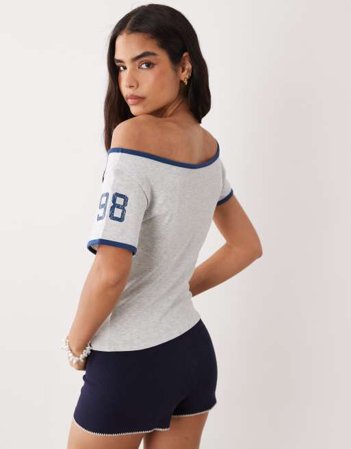 Cotton On Off shoulder graphic tee in soft gray mule, 4 of 4