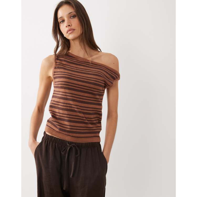 Cotton On off shoulder knit top in neutral stripes | ASOS