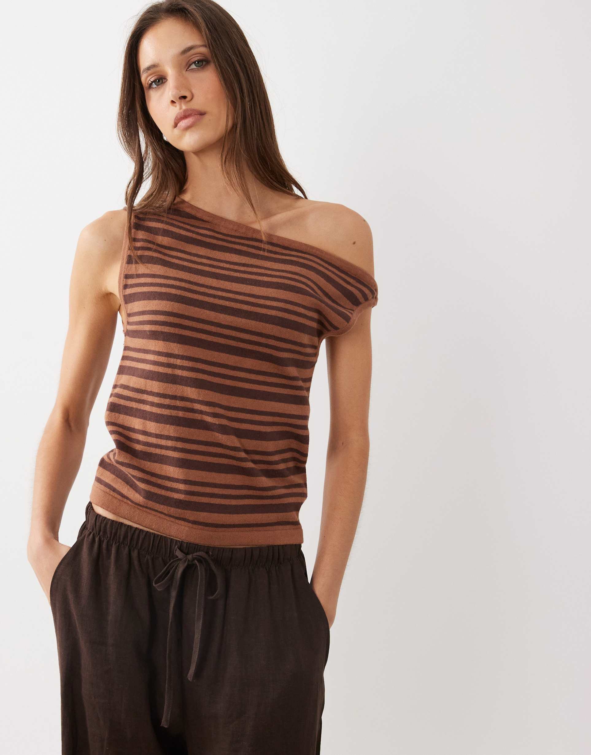 cotton on off shoulder knit top in neutral stripes