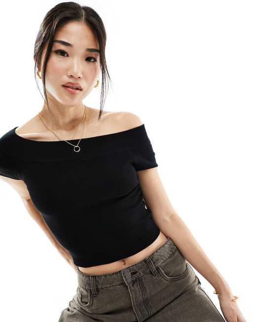 Cotton On off shoulder rib knit crop top in black 