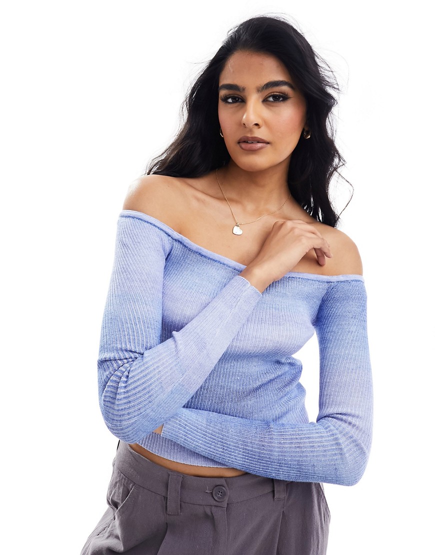 Cotton On off shoulder rib knit top in blue ombre