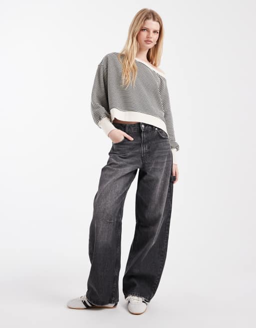 Cotton On off shoulder sweatshirt in black and cream stripe, 2 of 4