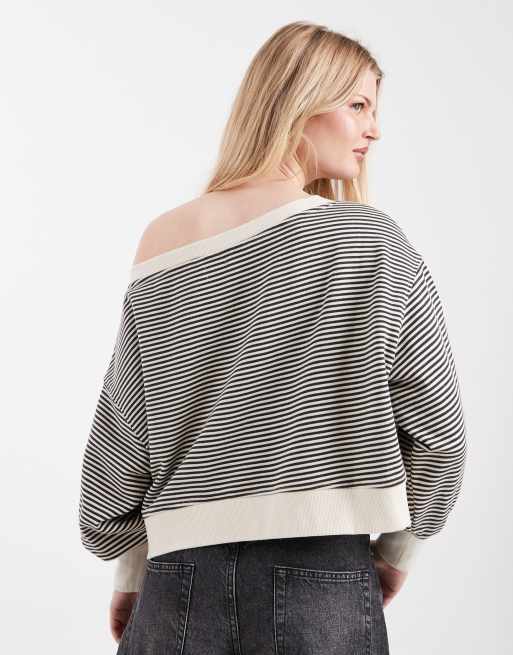 Cotton On off shoulder sweatshirt in black and cream stripe, 4 of 4