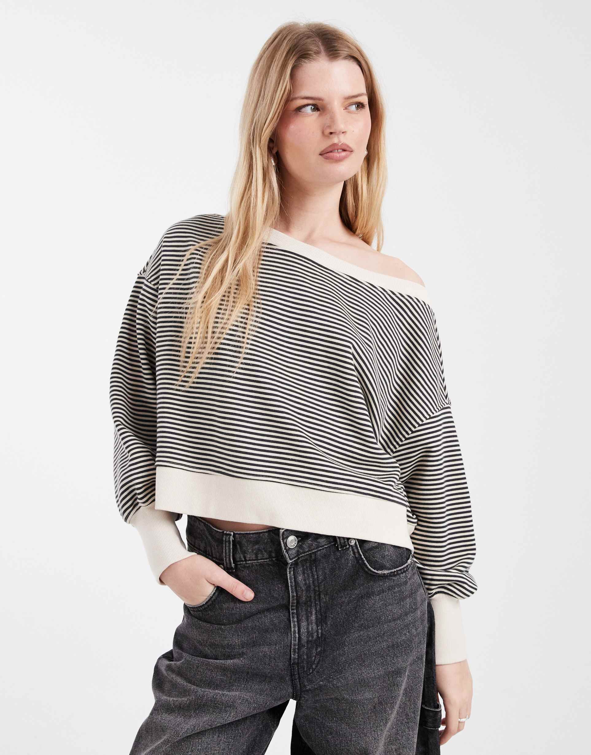 cotton on off the shoulder sweatshirt in black and cream stripes