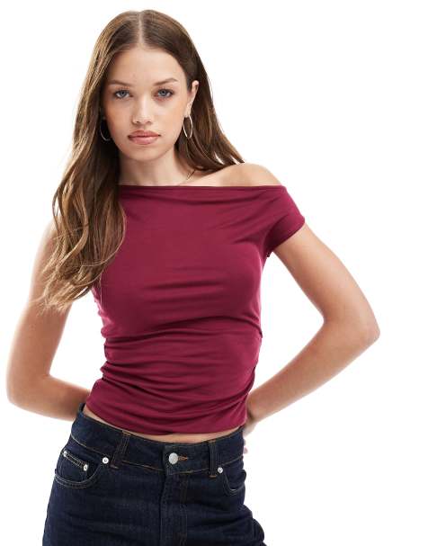 Cotton On off the shoulder tank top in dark tulip - view 1