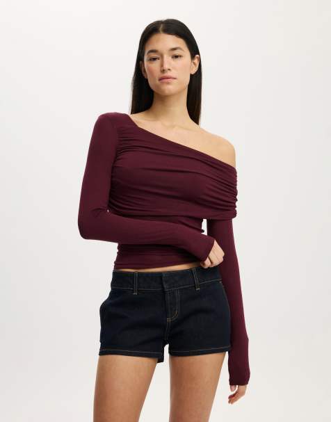 Cotton On One shoulder base layer long sleeve in burgundy - view 1