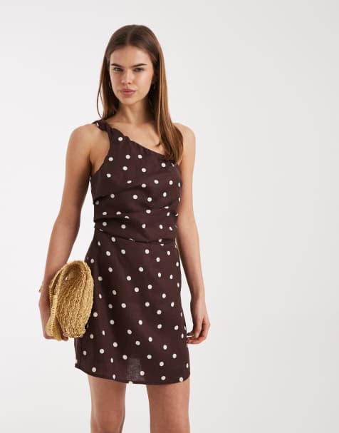 Cotton On one shoulder linen mini dress in dark oak polka dot - view 1