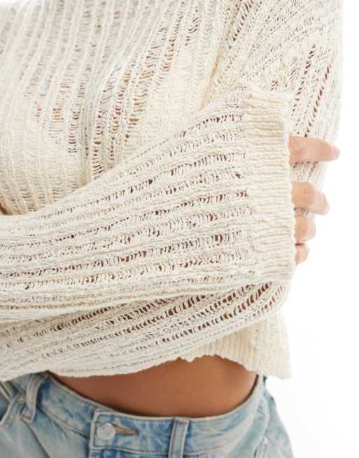 Cotton On - Opengewerkte gebreide cropped trui zonder sluiting in ecru, 3 van 4