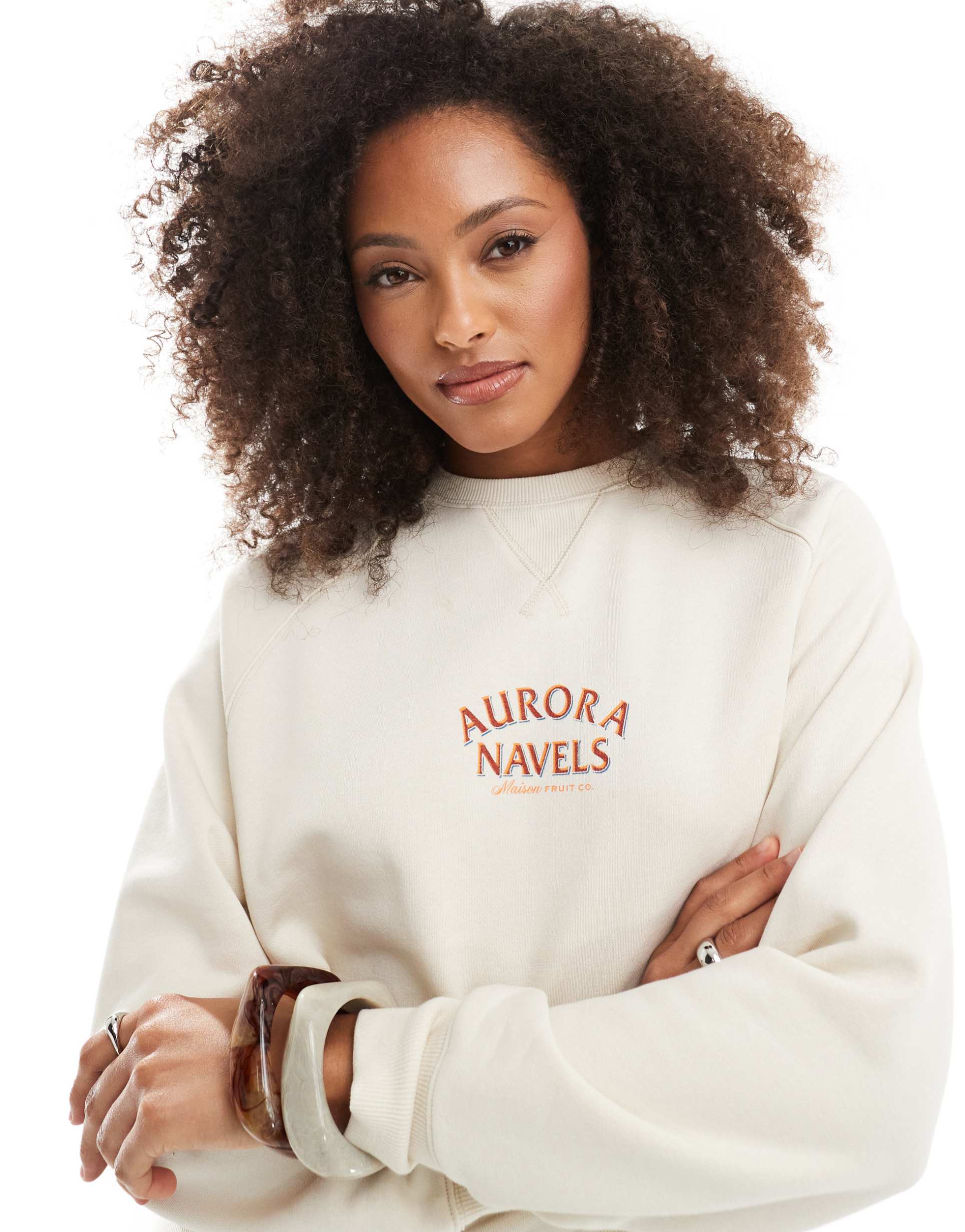 cotton on orange fruit graphic crew neck sweater in coconut