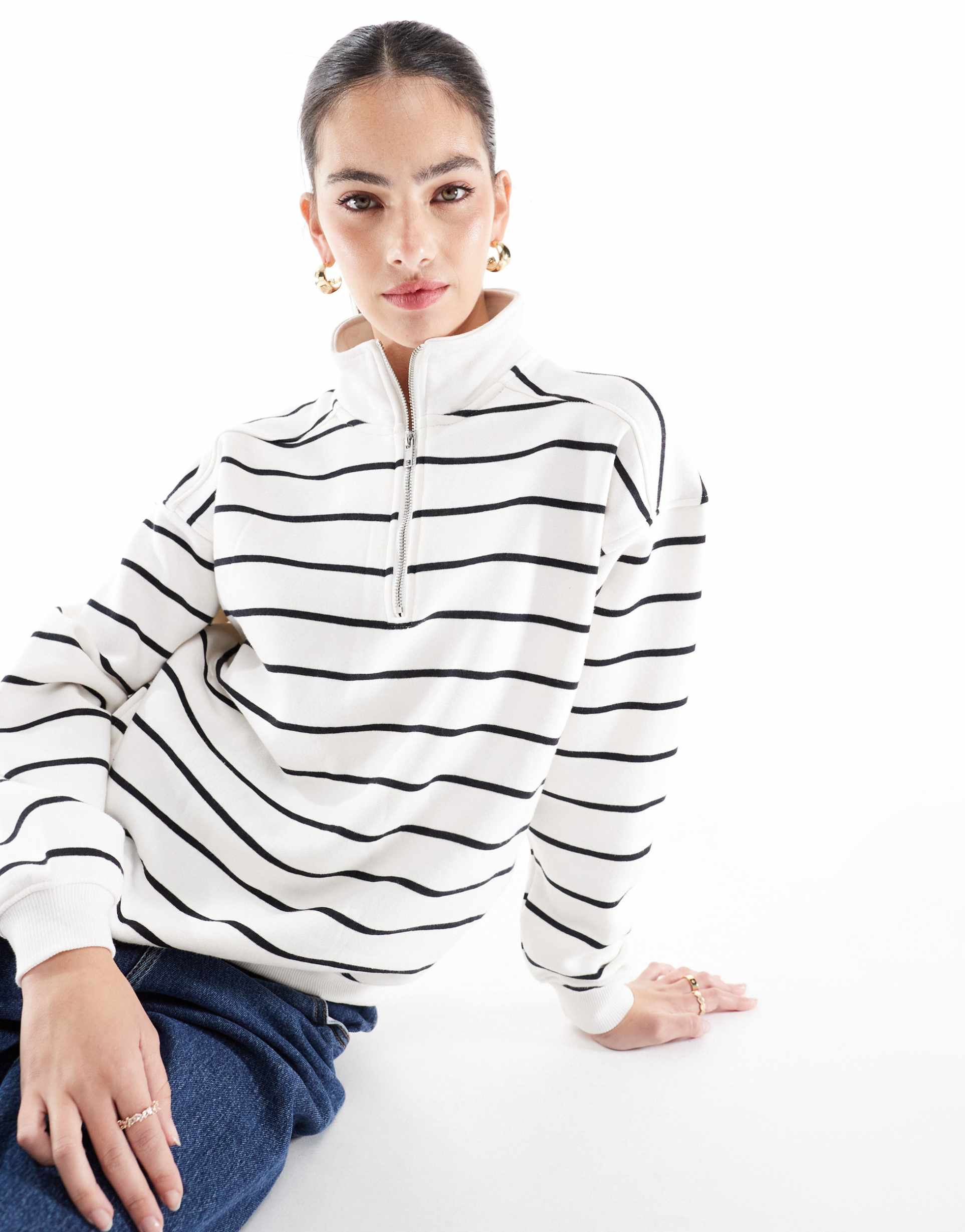 cotton on oversized collar half zip sweatshirt in black and white stripe