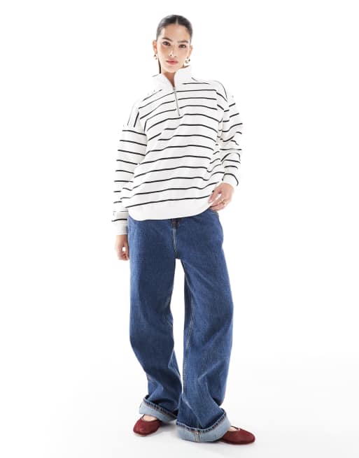 Cotton On oversized collar half zip sweatshirt in black and white stripe, 4 of 4
