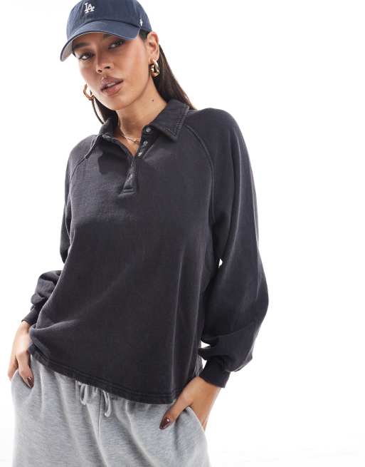 Cotton On Oversized collared lounge fleece sweater in black - BLACK
