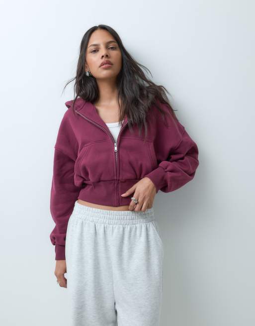 Cotton On oversized Kapuzenpullover mit durchgehendem Reißverschluss in washed dark fig, 3 von 5