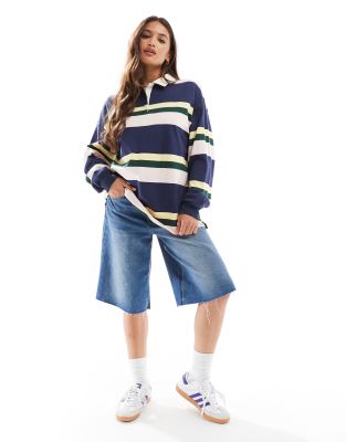 Cotton:On Cotton On oversized long sleeve polo fleece in stripe-Multi