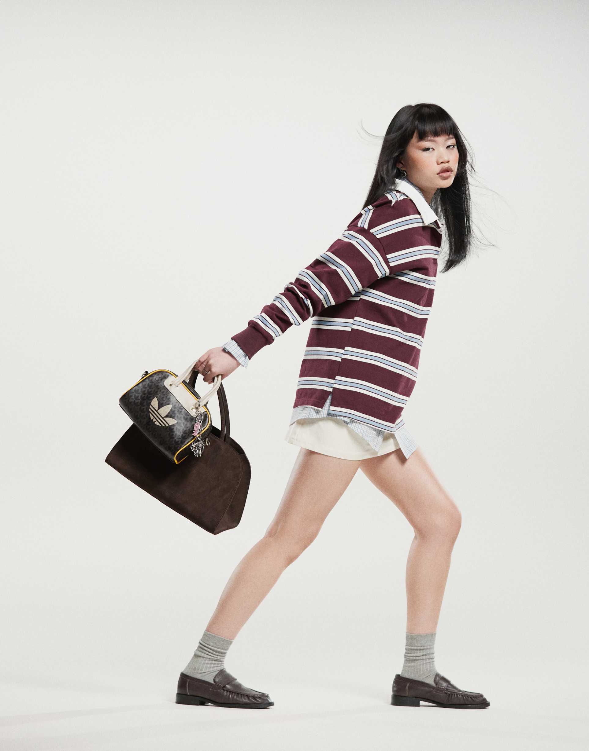 cotton on oversized long sleeve polo in choc cherry stripe