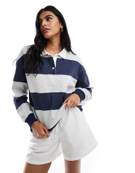 Cotton On oversized long sleeve polo in grey navy stripe