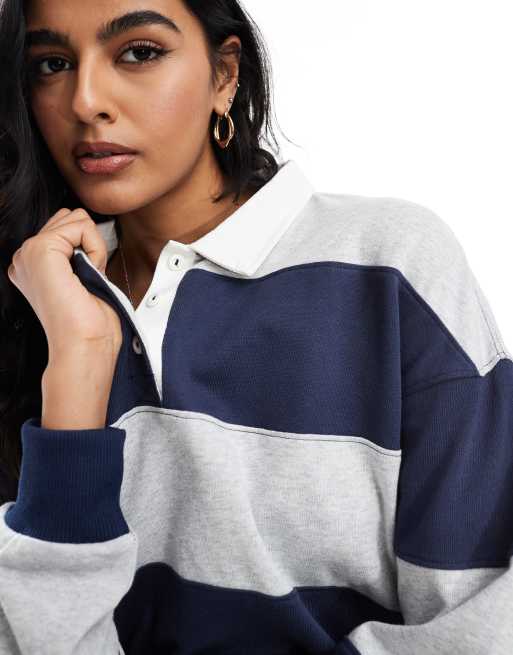 Cotton On oversized long sleeve polo in grey navy stripe