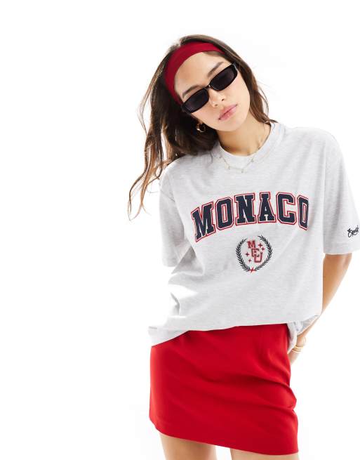 Cotton On - Oversized T-shirt met grafische varsity Monaco-print in grijs 