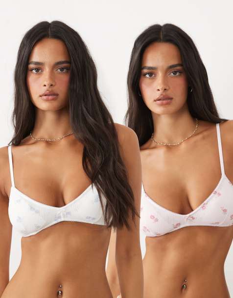 Cotton On - pack de 2 bralettes acolchados de punto calado en rosa y blanco - view 1